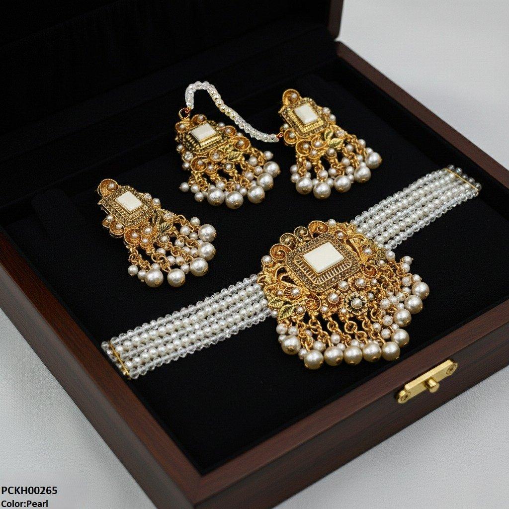 Rectangle Pearl Drop Choker Set