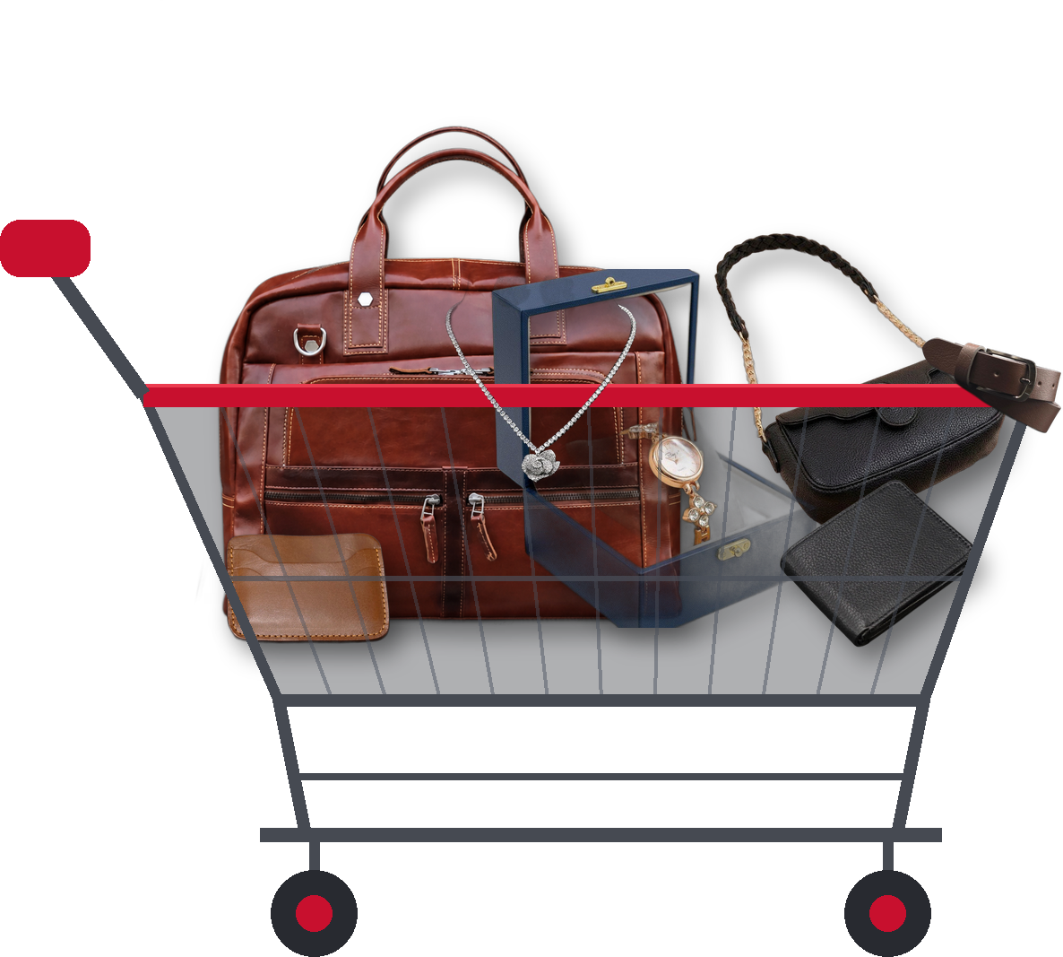 Shopping cart with jewellery, watches, bags and leather from DragonCityMart