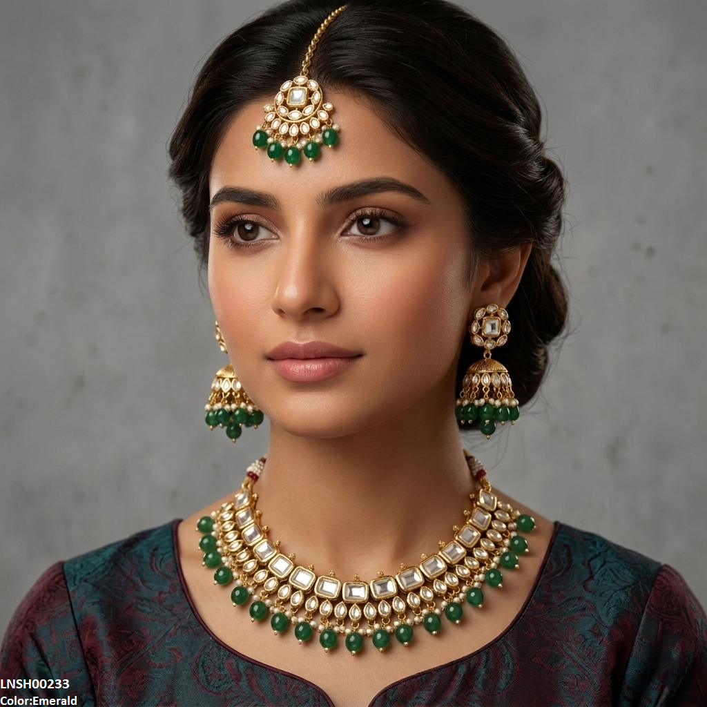 Square/Oval Stone Pearl Drop Rajwari Necklace Set