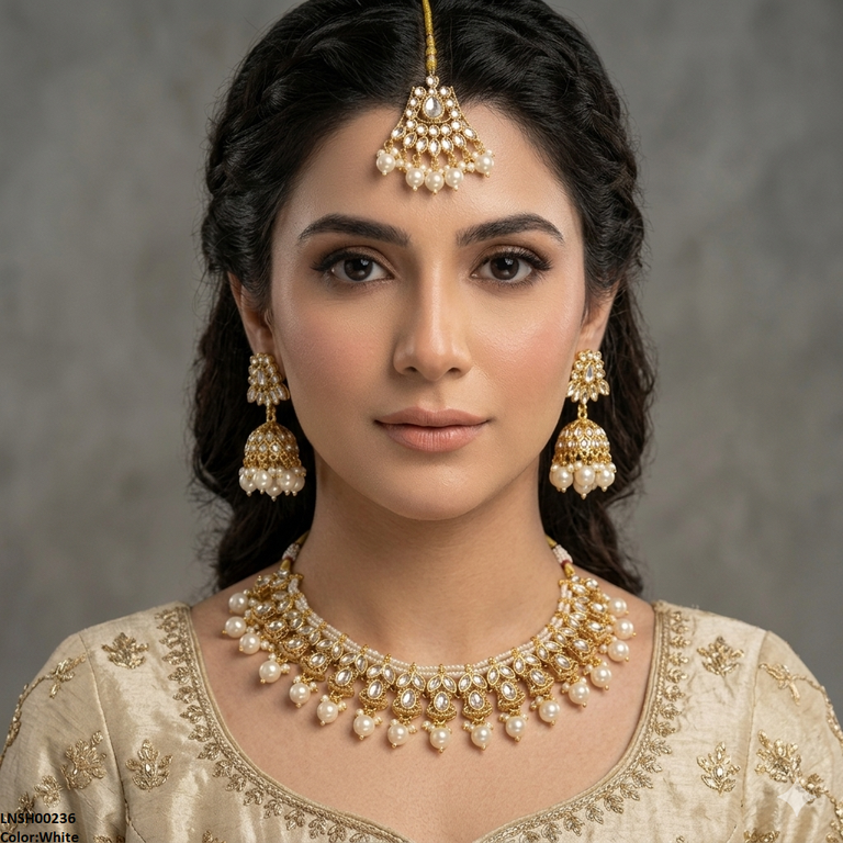 Marquise Flower Pearl Drop Rajwari Necklace Set