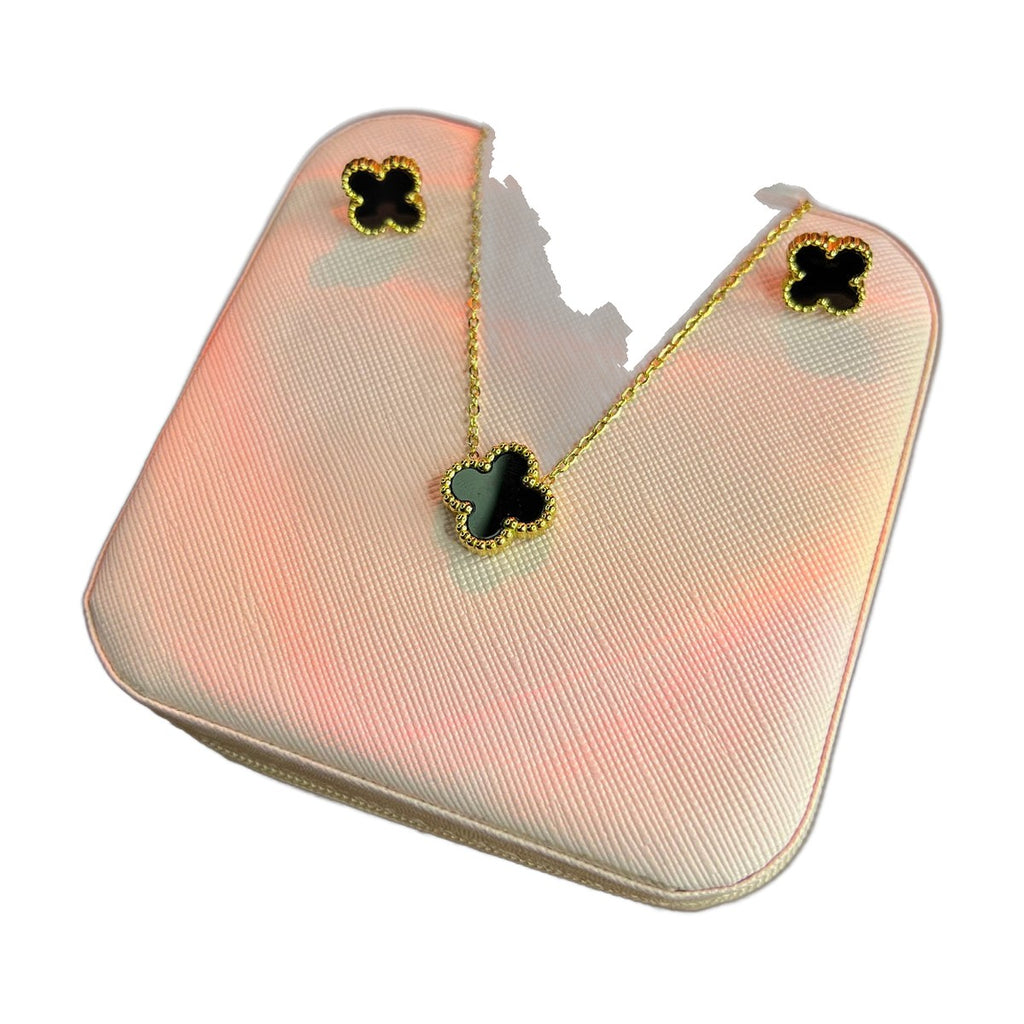 Stainless Steel 18k Black Clover Necklace Earring Set