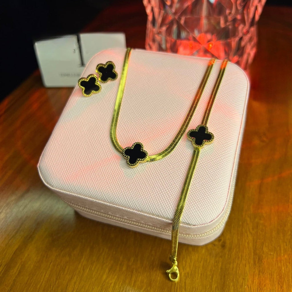 Stainless Steel 18k Black Clover Snake Chain 3pc Set