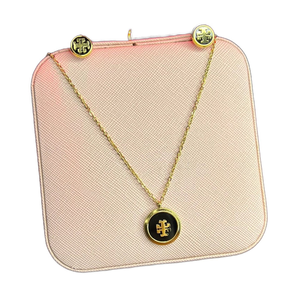 Stainless Steel 18k Black n Gold Necklace Earring Set