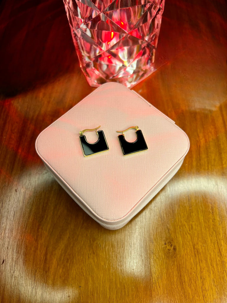 Stainless Steel 18k Black Square Enamel Earrings
