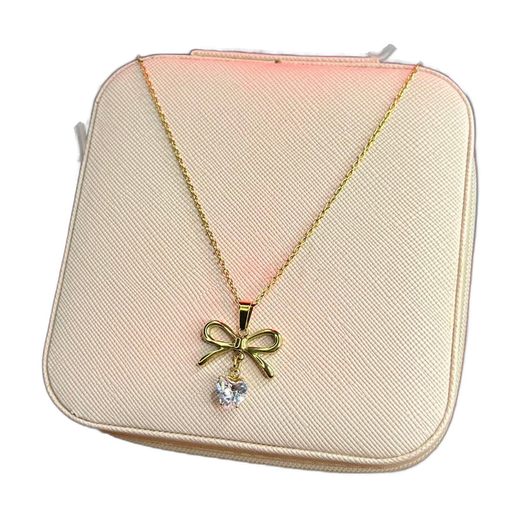 Stainless Steel 18k Bow Heart Stone Necklace