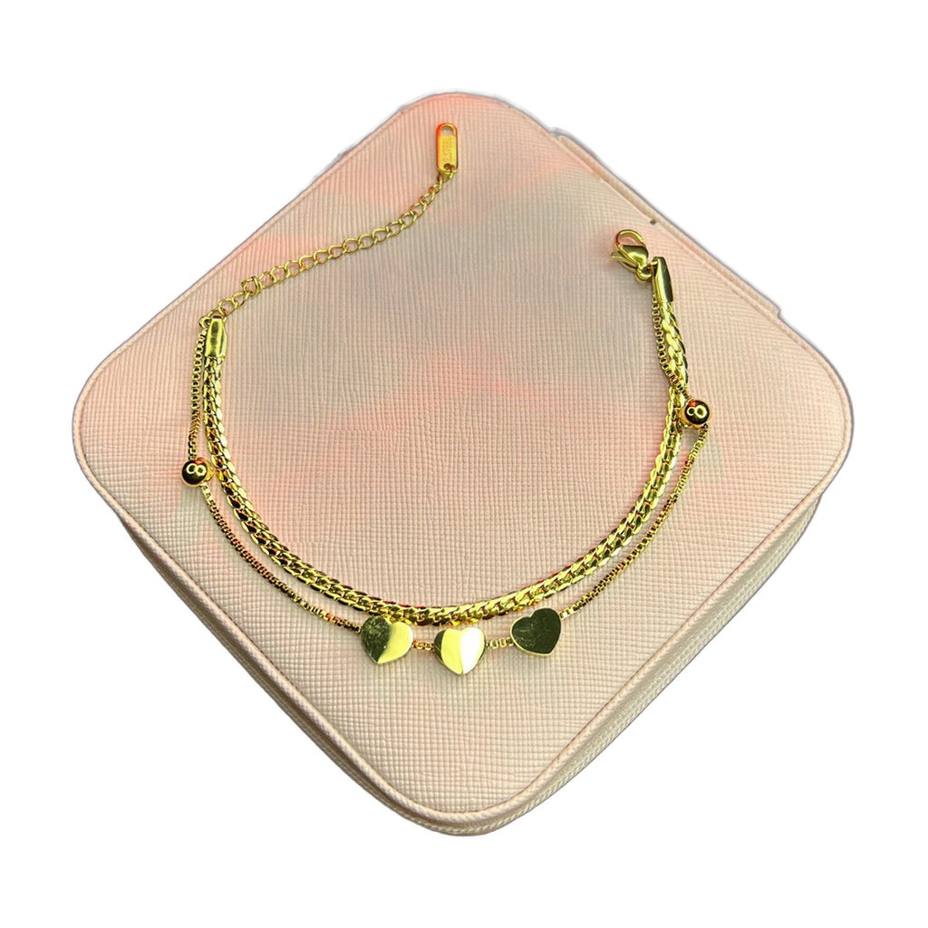 Stainless Steel 18k Golden Tri Heart Double Chain Luxury Bracelet