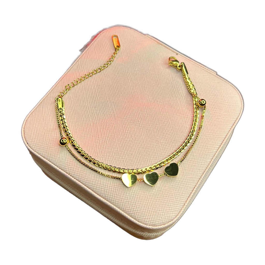 Stainless Steel 18k Golden Tri Heart Double Chain Luxury Bracelet
