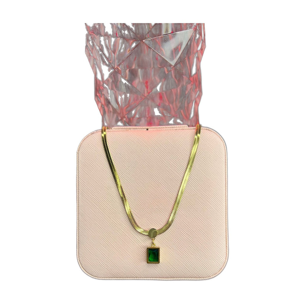 Stainless Steel 18k Green Stone Snake Chain Necklace