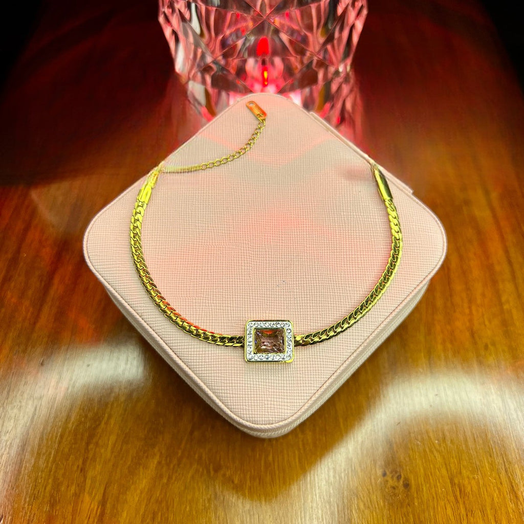 Stainless Steel 18k Pink Stone Chain Bracelet