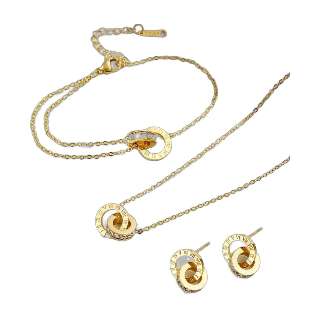 Stainless Steel 18k Roman Numerals Stone Studded 3pc Set