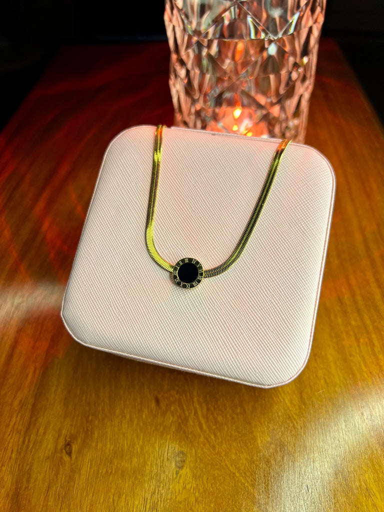 Stainless Steel 18k Snake Chain Roman Black Tag Necklace