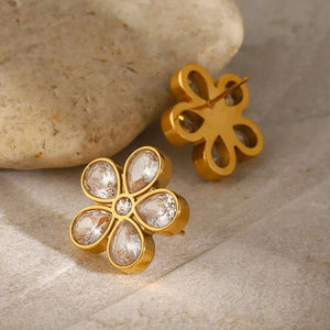 Stainless Steel 18k Stone Studded Flower Earrings