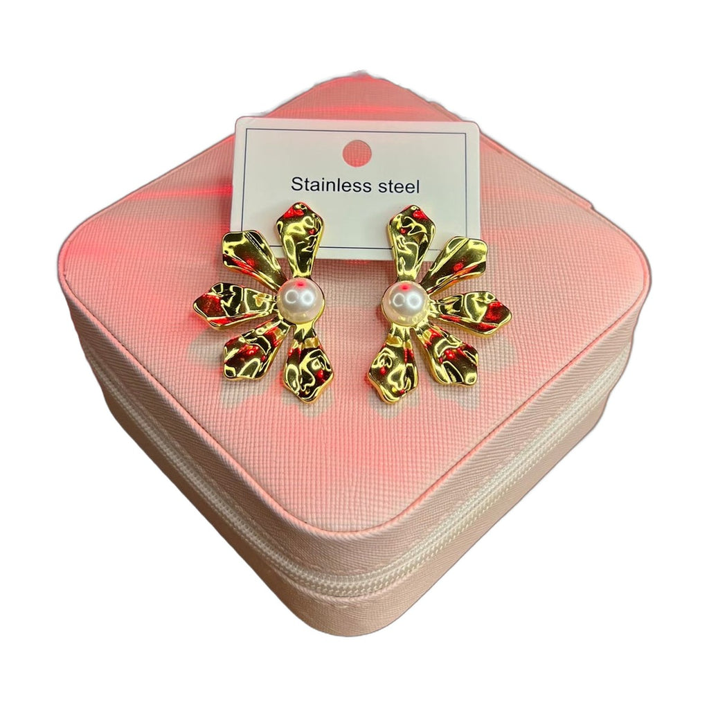 Stainless Steel 18k Sunflower Pearl Earrings