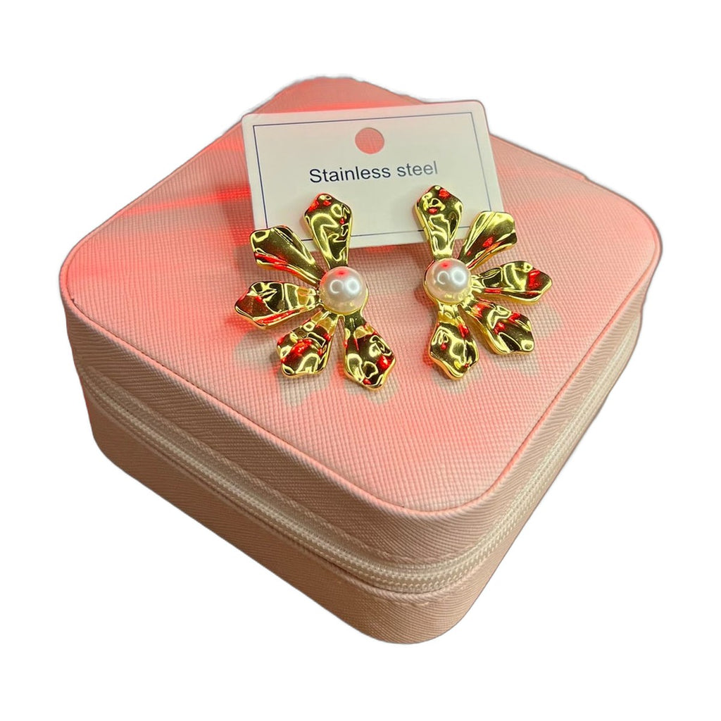 Stainless Steel 18k Sunflower Pearl Earrings