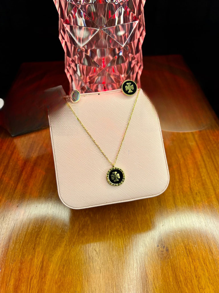 Stainless Steel 18k Black N Gold Necklace Earring Set
