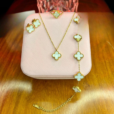 Stainless Steel 18k White Clover 4pc Complete Set