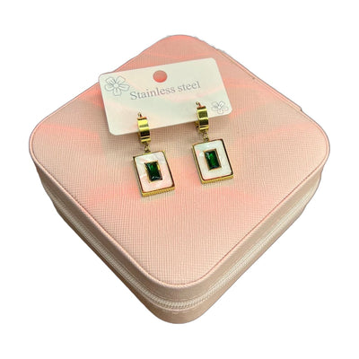Stainless Steel 18k White n Green Drop Earrings